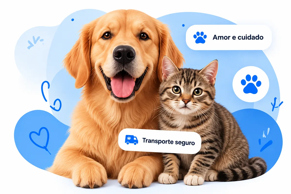 Cachorro golden retriever e gato lado a lado, com selos de amor e cuidado e transporte seguro